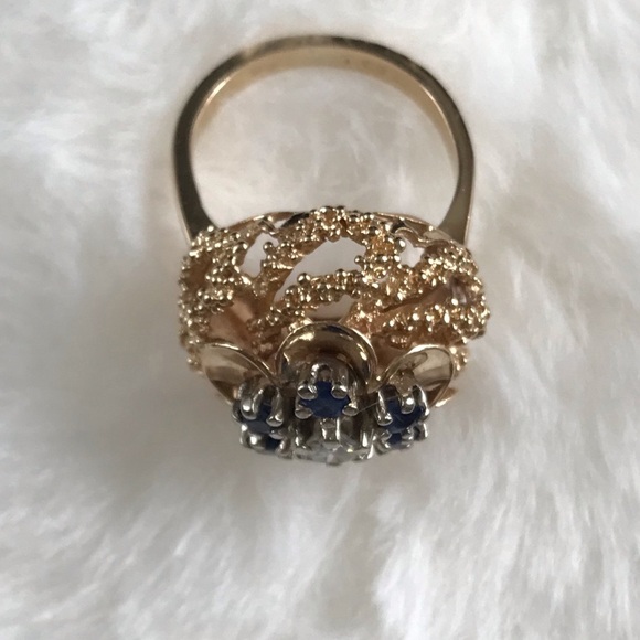 Certified Lady’s Diamond &Blue Sapphire Cluster Ring in Yellow Gold 14K•APPRISED - Picture 1 of 8